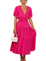 Women's Solid Color Dress Long Short Sleeve Lace Up V Neck Comfortable Dresses