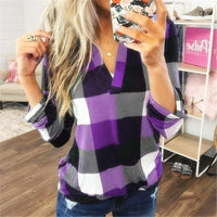 Plus Size Women Casual Long Sleeve Plaid Check T Shirt Ladies V Neck Tops Blouse