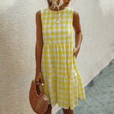 Women's Casual Ruffle Plaid Printed Midi Dress Sleeveless Swing Dress Sundress