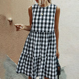 Women's Casual Ruffle Plaid Printed Midi Dress Sleeveless Swing Dress Sundress