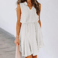 Women's Summer Chiffon Skirt Sleeveless Knee Length V Neck Dress Elastic Waist