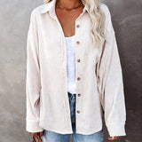 Women's Solid Color Lapel Long Corduroy Sleeve T-Shirt Pullover Blouse Tops Tee