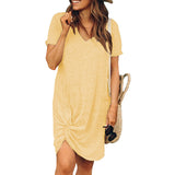 Womens Solid Color Knot Dress Short Sleeve V Neck Shirt Casual Knee Length Dress