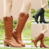 Women's Fashion Embroidery Western Chunky Pointed Toe Mid Calf Boots