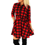 Women's Plaid Check V-Neck Long Sleeve A-Line Mini Dress Lace Up Casual Dresses
