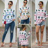 Women Crew Neck Long Sleeve Christmas Snowman Tree Knitted Sweater Pullover Jumper Tops Ladies Crew Neck Casual Knitwear Top