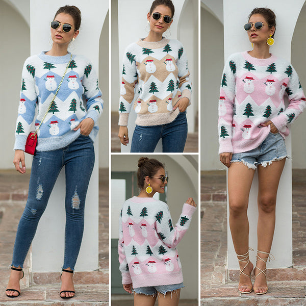 Women Crew Neck Long Sleeve Christmas Snowman Tree Knitted Sweater Pullover Jumper Tops Ladies Crew Neck Casual Knitwear Top