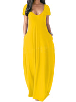 Women Solid Color Long Dress U Neck With Pockets Short Sleeve Comfortable Dress
