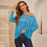 Women's Solid Color One Shoulder Long Sleeve T-shirt Buttons Casual Tops Loose