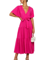 Women's Solid Color Dress Long Short Sleeve Lace Up V Neck Comfortable Dresses