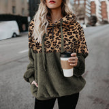 Women Loose Leopard Print Hoodie Long Sleeve Hooded Sweater Pullover Tops Zipper