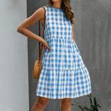 Women's Casual Ruffle Plaid Printed Midi Dress Sleeveless Swing Dress Sundress