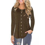 Women Long Sleeve Ruched Button Down Solid Color Tunic Top Ladies Crew Neck Casual Baggy T Shirt Blouse