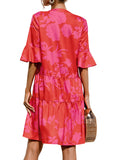 Ladies V-neck Flared Short Sleeves Cake Splicing Color Printed Casual Midi Dress