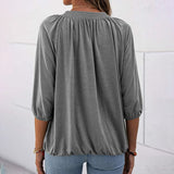 Women Solid Color Crew Neck Ruched 3/4 Sleeve Tops T-Shirt Blouse Pullover Tee