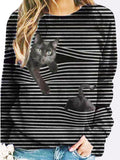 Women 3D Animal Patterns Stripes Design Long Sleeve T-shirt Crew Neck Loose Tops
