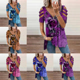Women Hollow Floral Printed Tops Casual Short Sleeve Shirt Blouse Pullover Tunic