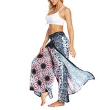 Women's Bohemia Yoga Pants Baggy Loose Split Wide Leg Long Trousers Flower Decor