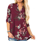 Floral Printed V Neck Long Sleeve T-Shirt For Women Pullover Blouse Tops Tunic Tee