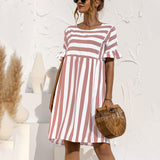 Women Fashion Skirt Striped Printed Short Sleeve Round Neck Casual Dress Ruffles