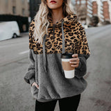 Women Loose Leopard Print Hoodie Long Sleeve Hooded Sweater Pullover Tops Zipper