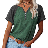 Women Color Matching V-Neck Short Sleeve Top T-Shirt Loose Blouse Pullover Tunic