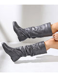 Womens Knee High Boots Winter Warm Fashion Leather Chunky Heel Slip On Flat Booties
