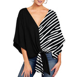 Women's Blouse Half Sleeve Printed Tie Cotton Top Beach Wear Deep V Neck Loose Shirt