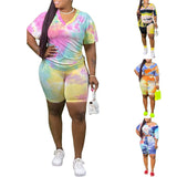 Womens Casual Set Tie Dye Printed Short Sleeve Printed Tank+Short Pants Homewear