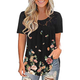 Women Lace Printing Crew-Neck Short Sleeve T-Shirt Casual Blouse Pullover