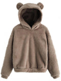 Ladies Rabbit Ear Fluffy Coat Fleece Hooded Solid Color Keep Warm Outwear Coat