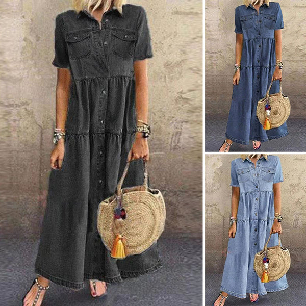 Women's Solid Color Lapel Maxi T-Shirt Dress Short Sleeve Dress Sundress Pockets