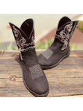 Women's Western Boots Cowboy Mid-Calf Round Toe Leather Shoes Black US Size 10