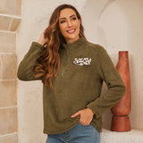 Women Winter Sweater Shirt Stand Collar Zipper Leopard Print Loose Long Sleeve