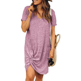 Womens Solid Color Knot Dress Short Sleeve V Neck Shirt Casual Knee Length Dress