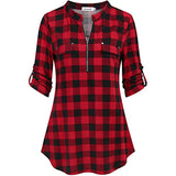 Women Plaid Printed Casual Shirt Blouse Tops Stand Collar Pullover Tunic Zipper