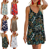 Women Sleeveless V Neck Dress Leopard Printed Splicing Casual Swing Dress Button