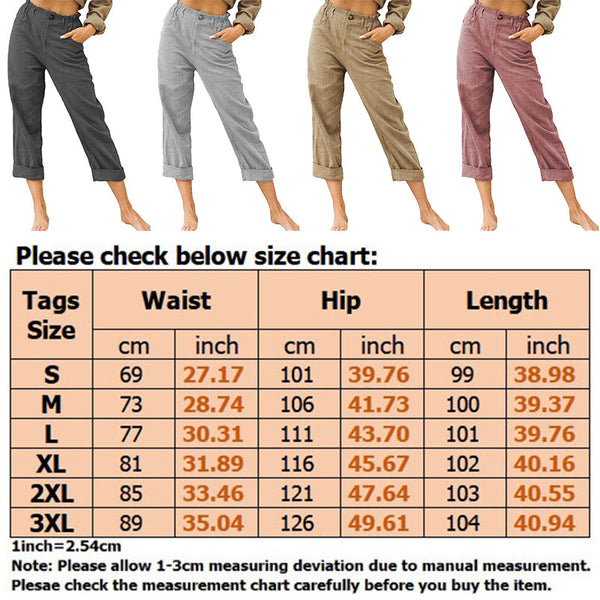 Women Ladies Solid Cotton Linen Pants Pocket Button Loose Ladies Casual Trousers
