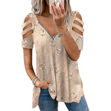 Women's Zipper V Neck Casual T-shirts Summer Hollow Short Sleeve Loose Fit Tops