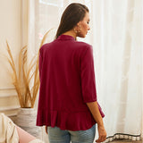 Women's Solid Color Ruffle Edge Midi Sleeve Cardigan Fashionable Commuting Tops