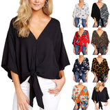 Women's Blouse Half Sleeve Printed Tie Cotton Top Beach Wear Deep V Neck Loose Shirt