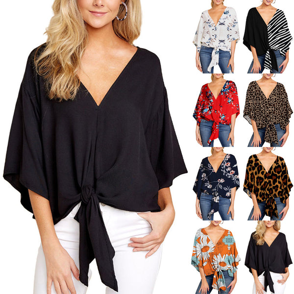 Women's Blouse Half Sleeve Printed Tie Cotton Top Beach Wear Deep V Neck Loose Shirt