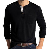 Men's Solid Color Chest Pocket Long Sleeve Button Round Neck Bottoming T-shirt