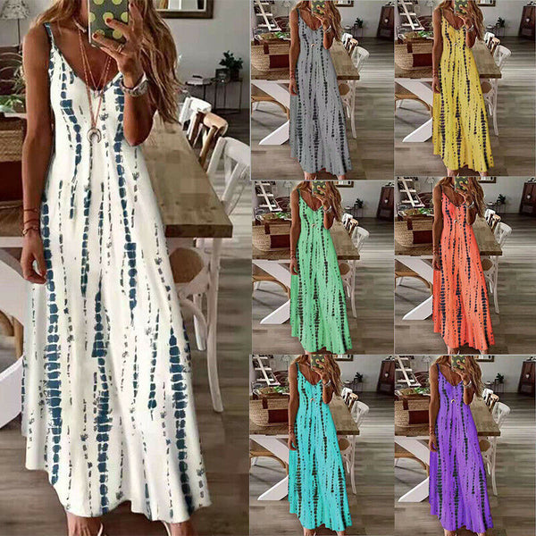 Women's Stitch Tie Dye Printed Dress V Neckline Summer Maxi Sleeveless Dresses