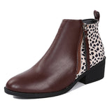 Women's Leopard Stitching Casual Ankle Boots Zip Round Toe Chunky High Top Shoes