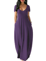 Women Solid Color Long Dress U Neck With Pockets Short Sleeve Comfortable Dress