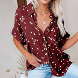 Women's Star Printed Button Up Shirt Lapel V-neck Bat Short-sleeve Blouse Shirt