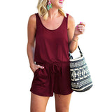 Women's Solid Sleeveless Belted Short Jumpsuit Playsuit Loungewear Short Pants