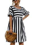 Women Fashion Skirt Striped Printed Short Sleeve Round Neck Casual Dress Ruffles