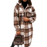 Womens Plaid Overcoat Button-up Lapel Collar Winter Warm Mid-Length Coat Outwear